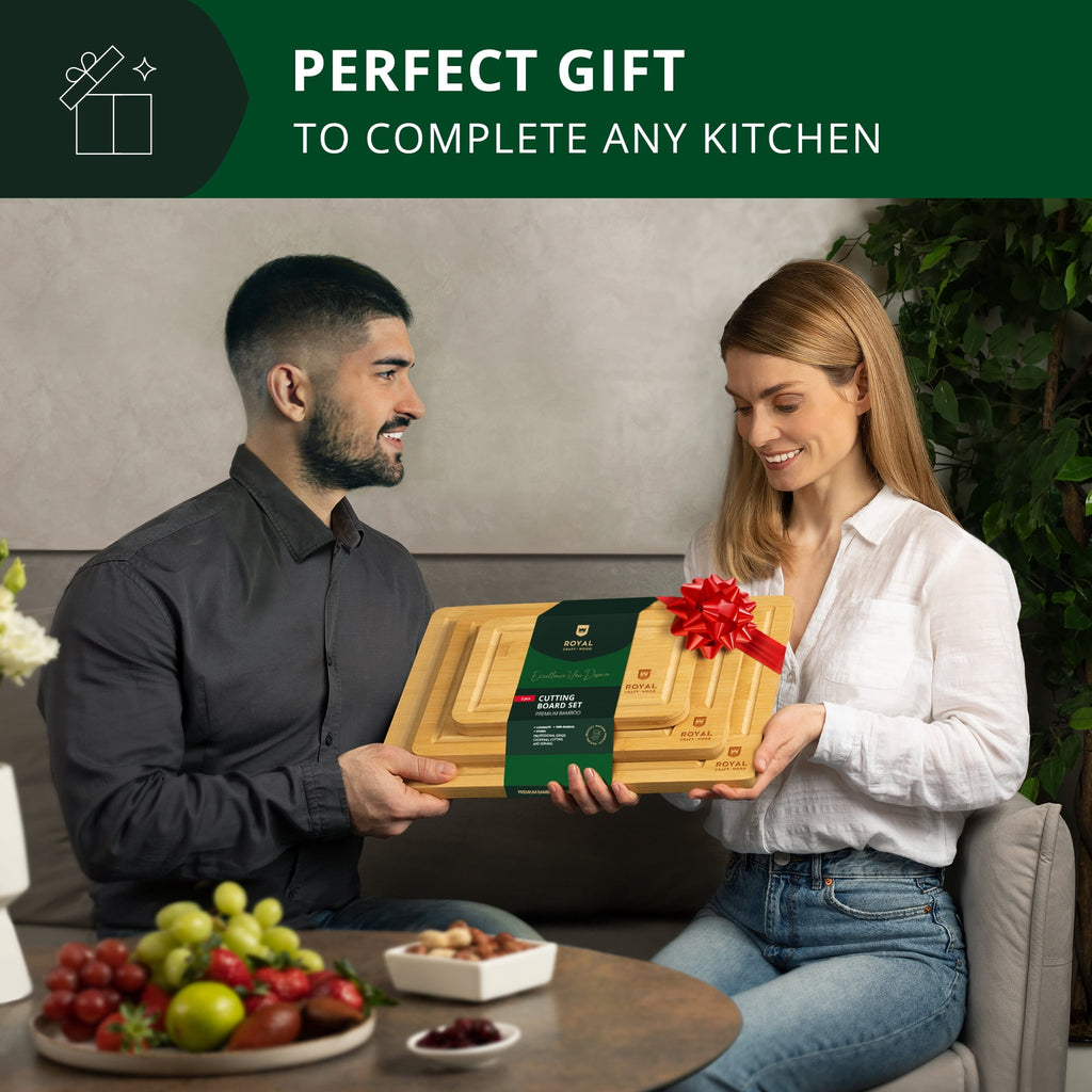 𝐋𝐮𝐱𝐮𝐫𝐲 Bamboo Cutting Board for Kitchen - Chopping Board w/Juice Groove & Easy Grip Handle - Organic Wooden Cutting Boards for Meat, Cheese, Fruits & Vegetables (Set of 3)